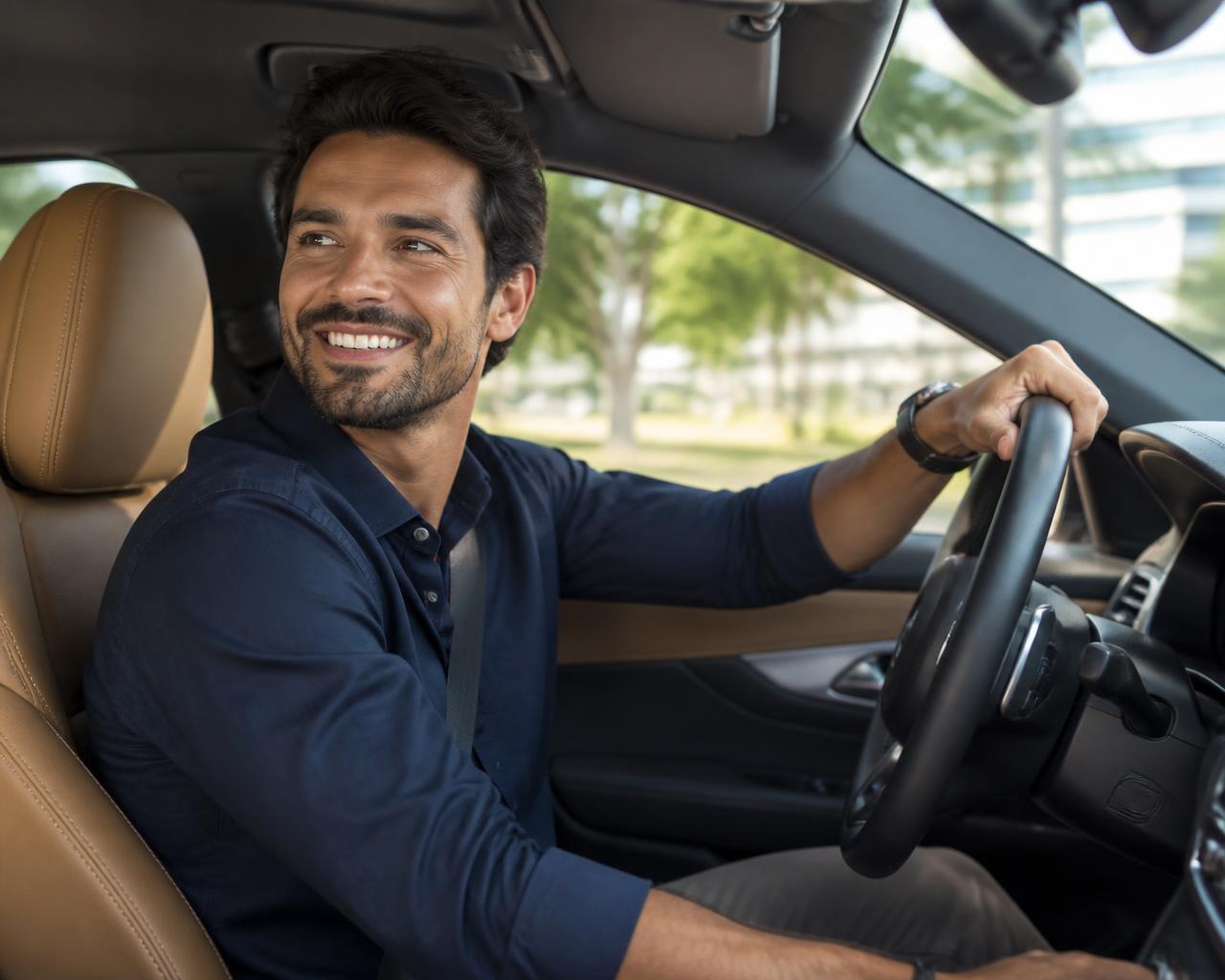 Homem sorrindo ao volante do seu carro segurado