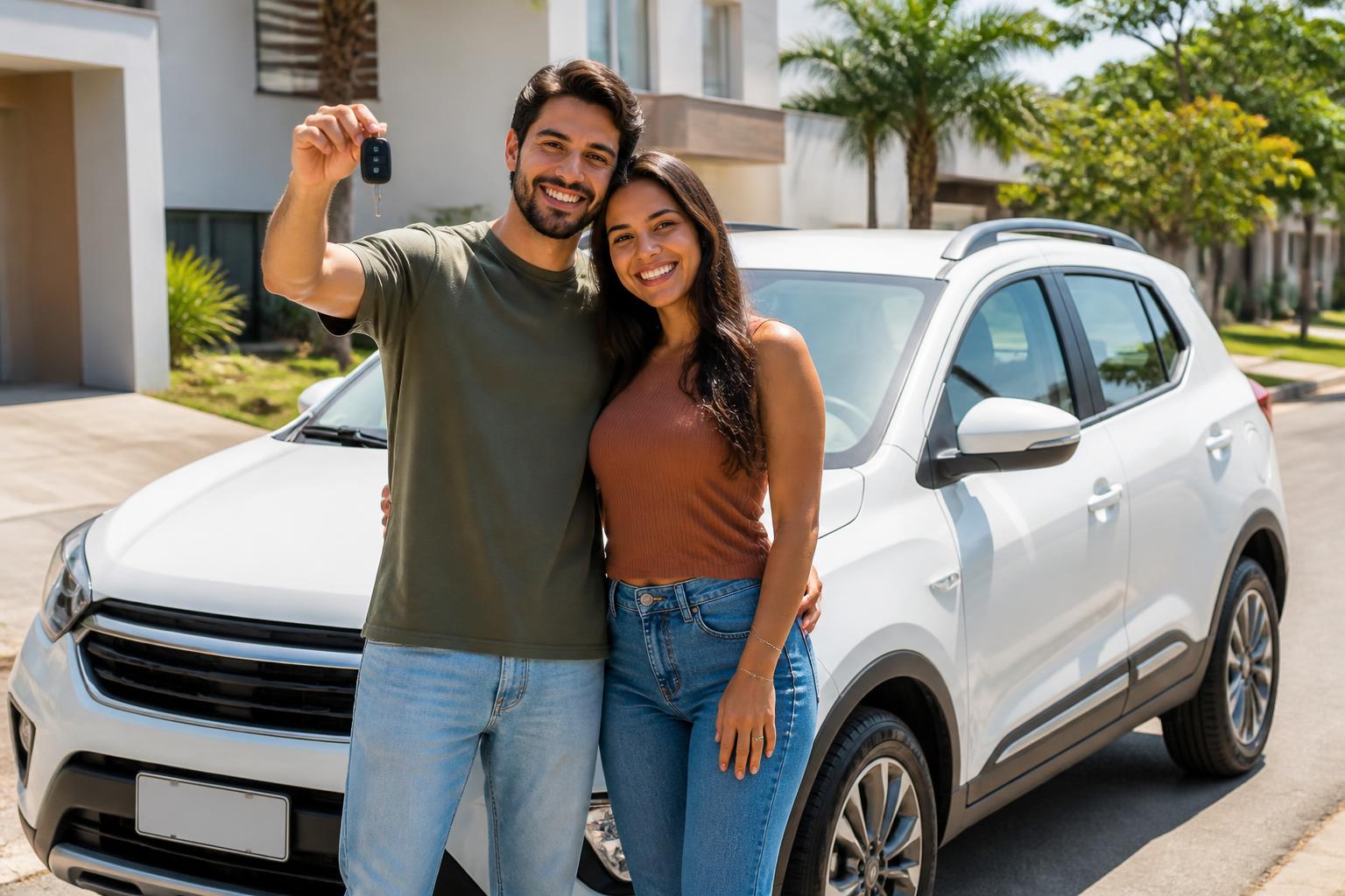 Casal feliz com as chaves do carro novo protegido por seguro