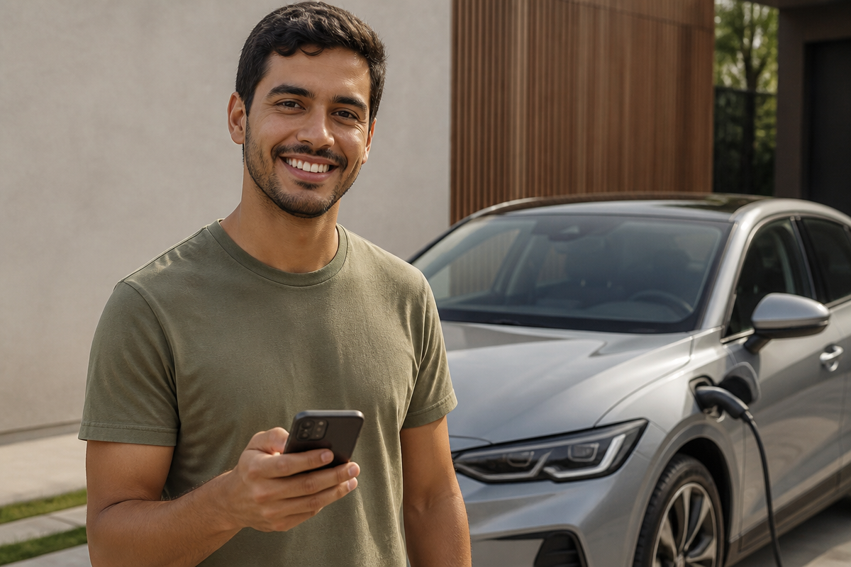 Homem sorrindo com o celular na mão em frente a um carro elétrico prata