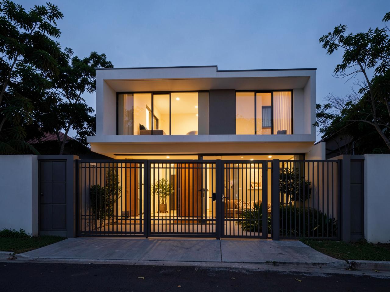 Casa moderna iluminada no fim do dia