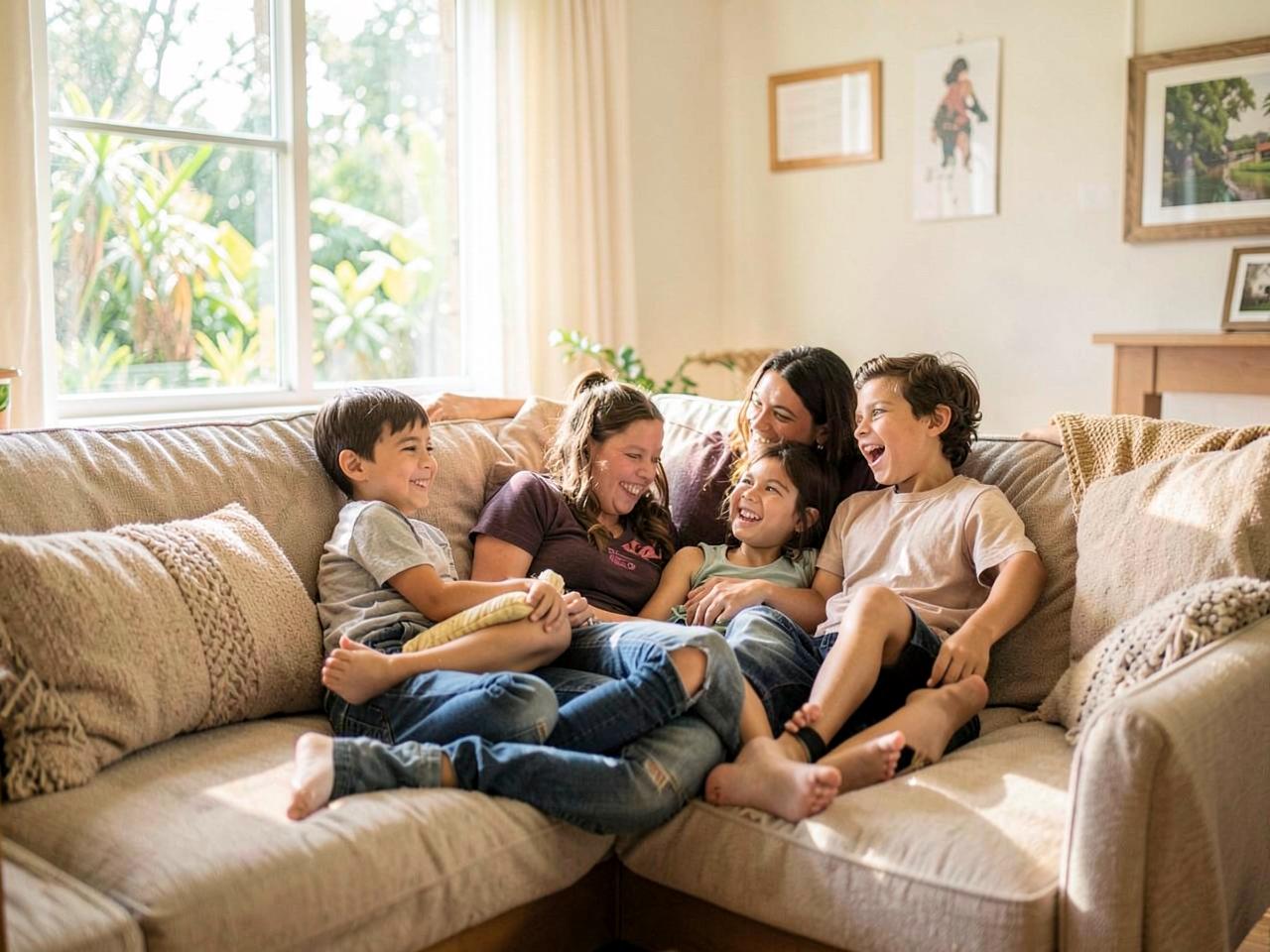 Família tranquila na sala de casa