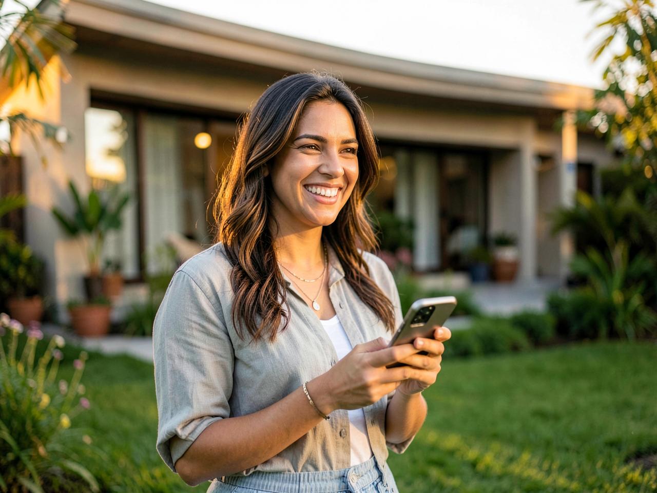 Mulher sorrindo com o celular na frente de sua casa