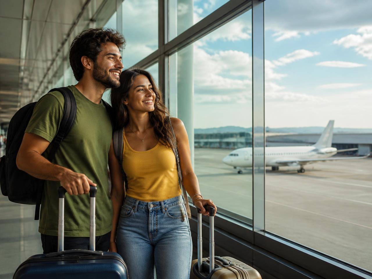 Casal sorrindo com malas no aeroporto